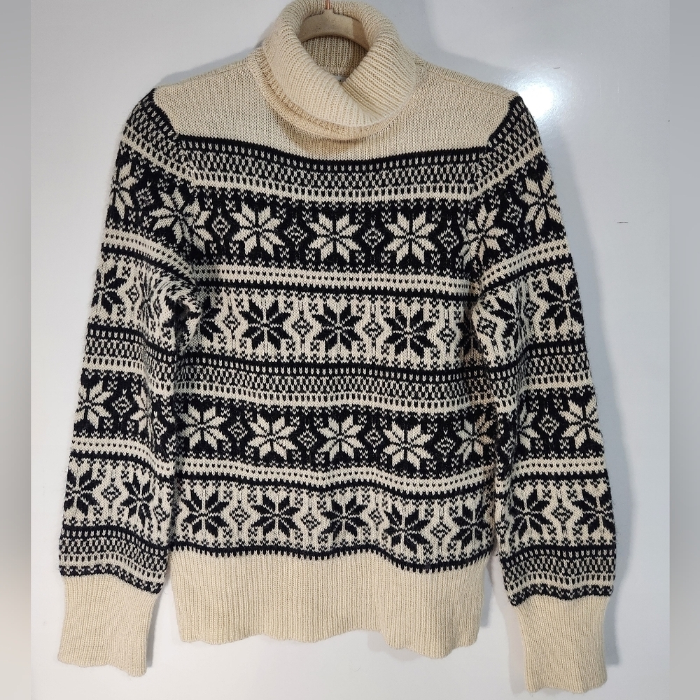 Garnet Hill Cream & Black Fair Isle Turtleneck Sweater, Size Large
